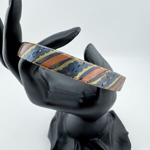 Vintage Copper Brass & Black Enamel Cuff Bracelet Mixed Metal Boho Tribal Rustic